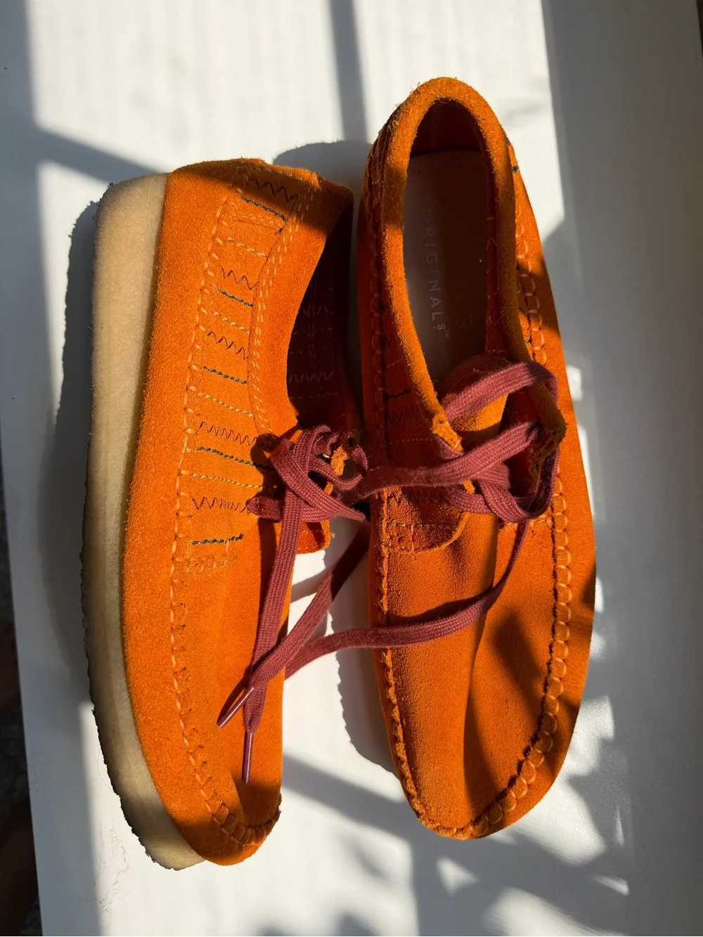 Clarks burnt Orange Suede Men Boat Shoes with Burgundy Laces